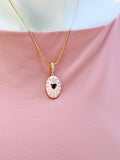 18K Gold Plated Oval Pendant Necklace, Gold Pink Zirconia Heart Sunburst Enamel Charm, 7349