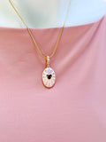 18K Gold Plated Oval Pendant Necklace, Gold Pink Zirconia Heart Sunburst Enamel Charm, 7349