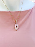 18K Gold Plated Oval Pendant Necklace, Gold Pink Zirconia Heart Sunburst Enamel Charm, 7349