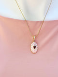 18K Gold Plated Oval Pendant Necklace, Gold Pink Zirconia Heart Sunburst Enamel Charm, 7349
