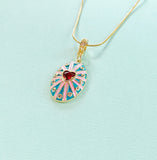 18K Gold Plated Oval Pendant Necklace, Gold Zirconia Heart Sunburst Enamel Charm, 7350