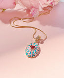18K Gold Plated Oval Pendant Necklace, Gold Zirconia Heart Sunburst Enamel Charm, 7350