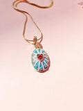 18K Gold Plated Oval Pendant Necklace, Gold Zirconia Heart Sunburst Enamel Charm, 7350
