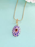 18K Gold Plated Oval Pendant Necklace, Gold Zirconia Heart Sunburst Purple Blue Enamel Charm, 7351