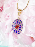 18K Gold Plated Oval Pendant Necklace, Gold Zirconia Heart Sunburst Purple Blue Enamel Charm, 7351