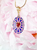 18K Gold Plated Oval Pendant Necklace, Gold Zirconia Heart Sunburst Purple Blue Enamel Charm, 7351