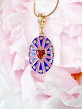 18K Gold Plated Oval Pendant Necklace, Gold Zirconia Heart Sunburst Purple Blue Enamel Charm, 7351
