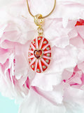 18K Gold Plated Oval Pendant Necklace, Gold Zirconia Heart Sunburst Red Pink Enamel Charm, 7352