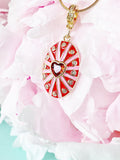 18K Gold Plated Oval Pendant Necklace, Gold Zirconia Heart Sunburst Red Pink Enamel Charm, 7352