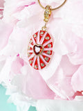 18K Gold Plated Oval Pendant Necklace, Gold Zirconia Heart Sunburst Red Pink Enamel Charm, 7352