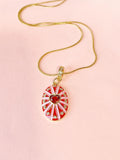 18K Gold Plated Oval Pendant Necklace, Gold Zirconia Heart Sunburst Red Pink Enamel Charm, 7352