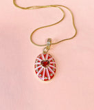 18K Gold Plated Oval Pendant Necklace, Gold Zirconia Heart Sunburst Red Pink Enamel Charm, 7352