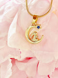 Gold Rabbit on the Moon Look to Star Pendant Necklace, 7406