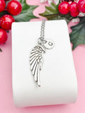 Angel Wing Pendant Necklace, Silver Wing Charm with Personalized Initial Jewelry, N7419
