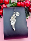 Angel Wing Pendant Necklace, Silver Wing Charm with Personalized Initial Jewelry, N7419