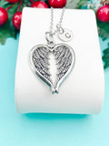 Guardian Angel Pendant Necklace, Silver Heart with Wings Charm with Personalized Initial Jewelry, N7426