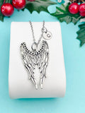 Guardian Angel Pendant Necklace, Silver Large Wings Charm with Personalized Initial Jewelry, N7427