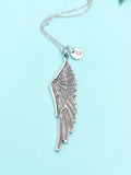 Guardian Angel Pendant Necklace, Silver or Bronze Large Wings Charm with Personalized Initial Jewelry, N7428