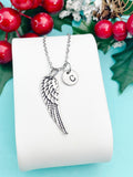 Guardian Angel Pendant Necklace, Silver Angel Wings Charm with Personalized Initial Jewelry, N7429