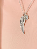 Guardian Angel Pendant Necklace, Silver Angel Wings Charm with Personalized Initial Jewelry, N7429