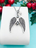 Guardian Angel Pendant Necklace, Silver Angel Wings Charm with Personalized Initial Jewelry, N7432