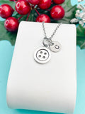 Button Necklace, Silver Button Charm with Personalized Initial Jewelry, N7433