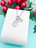 Button Necklace, Silver Button Charm with Personalized Initial Jewelry, N7433