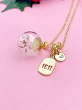 Gold 11:11 Dandelion Seed Wish Necklace, Personalized Real Dandelion Seed Terrarium Press Dried Flower Jewelry, N7443
