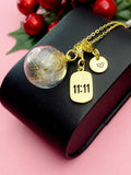 Gold 11:11 Dandelion Seed Wish Necklace, Personalized Real Dandelion Seed Terrarium Press Dried Flower Jewelry, N7443