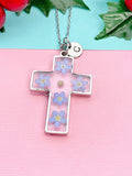 Real Mustard Seed with Forget Me Not Cross Necklace, Personalized Press Dried Flower Jewelry, N7444