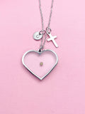 Real Mustard Seed Cross heart Pendant Necklace, Personalized Faith Jewelry, Tarnish Resistant Stainless Steel, N7447