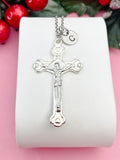 Silver Crucifix Necklace, Cross Pendant, Personalized Initial Charm, Christian Jewelry Gift, N7452