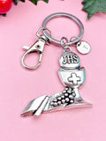 Silver Communion Keychain, Chalice & Host Charm, Personalized Initial Car Charm, Religious Gift Keepsake, N7454