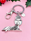 Silver Communion Keychain, Chalice & Host Charm, Personalized Initial Car Charm, Religious Gift Keepsake, N7454