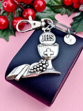 Silver Communion Keychain, Chalice & Host Charm, Personalized Initial Car Charm, Religious Gift Keepsake, N7454