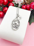 Silver Holy Family Necklace, Communion Chalice Medal Pendant, Personalized Initial Charm, Religious Jewelry Gift, N7457