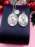 Silver Holy Family Necklace, Communion Chalice Medal Pendant, Personalized Initial Charm, Religious Jewelry Gift, N7457