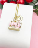 Gold Pink Sewing Machine Necklace, Gold Crafting Pendant, Personalized Initial Charm, Gift for Seamstress or Quilter, N7460