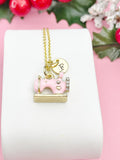 Gold Pink Sewing Machine Necklace, Gold Crafting Pendant, Personalized Initial Charm, Gift for Seamstress or Quilter, N7460