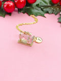 Gold Pink Sewing Machine Necklace, Gold Crafting Pendant, Personalized Initial Charm, Gift for Seamstress or Quilter, N7460