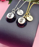 Eight Ball Necklace, Black & White Pool Ball Pendant, Personalized Initial Charm, Gift for Billiards Player, N7462