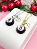 Eight Ball Necklace, Black & White Pool Ball Pendant, Personalized Initial Charm, Gift for Billiards Player, N7462