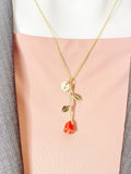 Gold Rose Necklace, Red Rosebud Pendant, Personalized Initial Charm, Romantic Jewelry Gift for Her, N7463