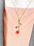 Gold Rose Necklace, Red Rosebud Pendant, Personalized Initial Charm, Romantic Jewelry Gift for Her, N7463