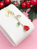 Gold Rose Necklace, Red Rosebud Pendant, Personalized Initial Charm, Romantic Jewelry Gift for Her, N7463