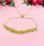 Gold Peridot Bracelet, Natural Gemstone Chip Adjustable Bracelet, Personalized Heart Charm, August Birthstone Gift for Her, 7472