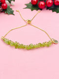 Gold Peridot Bracelet, Natural Gemstone Chip Adjustable Bracelet, Personalized Heart Charm, August Birthstone Gift for Her, 7472
