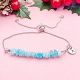 Natural Amazonite Bracelet, Light Blue Gemstone Chip Adjustable Bracelet, Personalized Initial Charm, Calming Jewelry Gift for Her, 7473