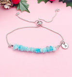 Natural Amazonite Bracelet, Light Blue Gemstone Chip Adjustable Bracelet, Personalized Initial Charm, Calming Jewelry Gift for Her, 7473