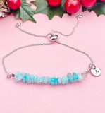 Natural Amazonite Bracelet, Light Blue Gemstone Chip Adjustable Bracelet, Personalized Initial Charm, Calming Jewelry Gift for Her, 7473